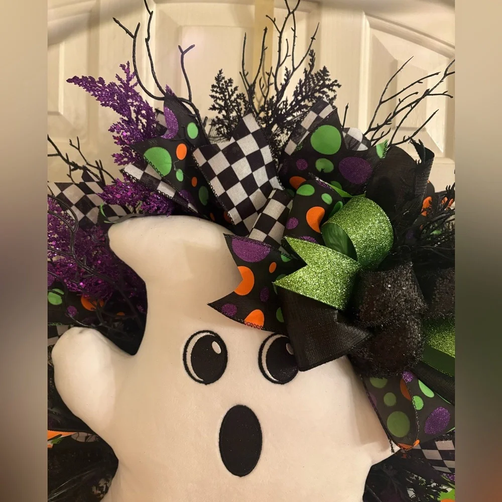 Halloween Ghost Wreath with Colorful Accents - Hand Made by my mother*